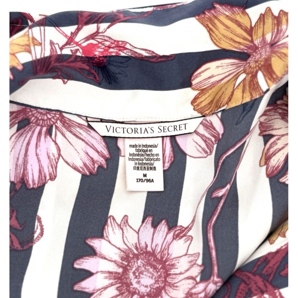 Victoria's Secret VS Satin Sleepshirt Nightgown Floral MEDIUM Blue White Stripe - Picture 7 of 8